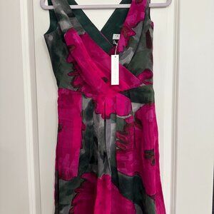 Trina Turk Silk Dress NWT Size 8 Made USA Pink Green Floral V-Neck Sleeveless